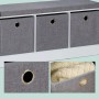Weiße Sitzbank mit grauem Polster und drei Stofffächern für Flur oder Schlafzimmer.