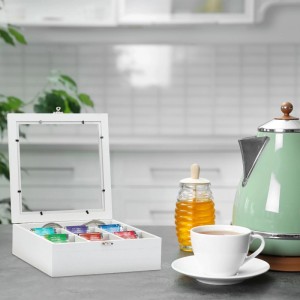 Relaxdays Teebox MDF Kunststoff Weiß 7 Fächer 8 cm x 25 cm x 25,5 cm 0,9 kg