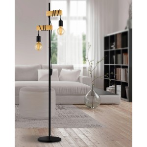 Eglo Townshend Stehleuchte, 2-flammig, schwarz-braun, im Wohnzimmer.
