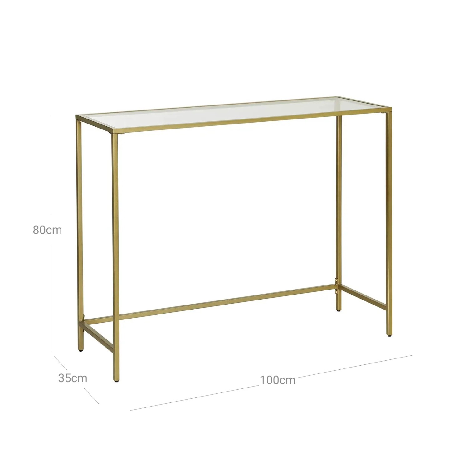 Vasagle Konsolentisch mit Hartglasplatte und goldenem Metallgestell, 100x35x80 cm.