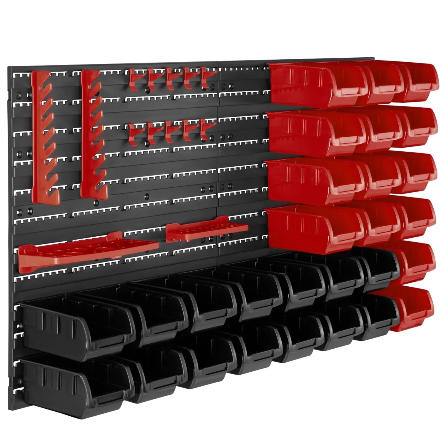 Tectake Kleinteilemagazin  44 Teilig  Mit 2 Wandplatten 14 Schwarze und 14 Rote Stapelboxen Pro Stück 17 x 96 x 54 cm Schwarz