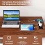 Costway L-förmiger Schreibtisch (braun) mit eingelassener Steckdosenleiste zum Aufladen von Laptop, Tablet und Smartphone.