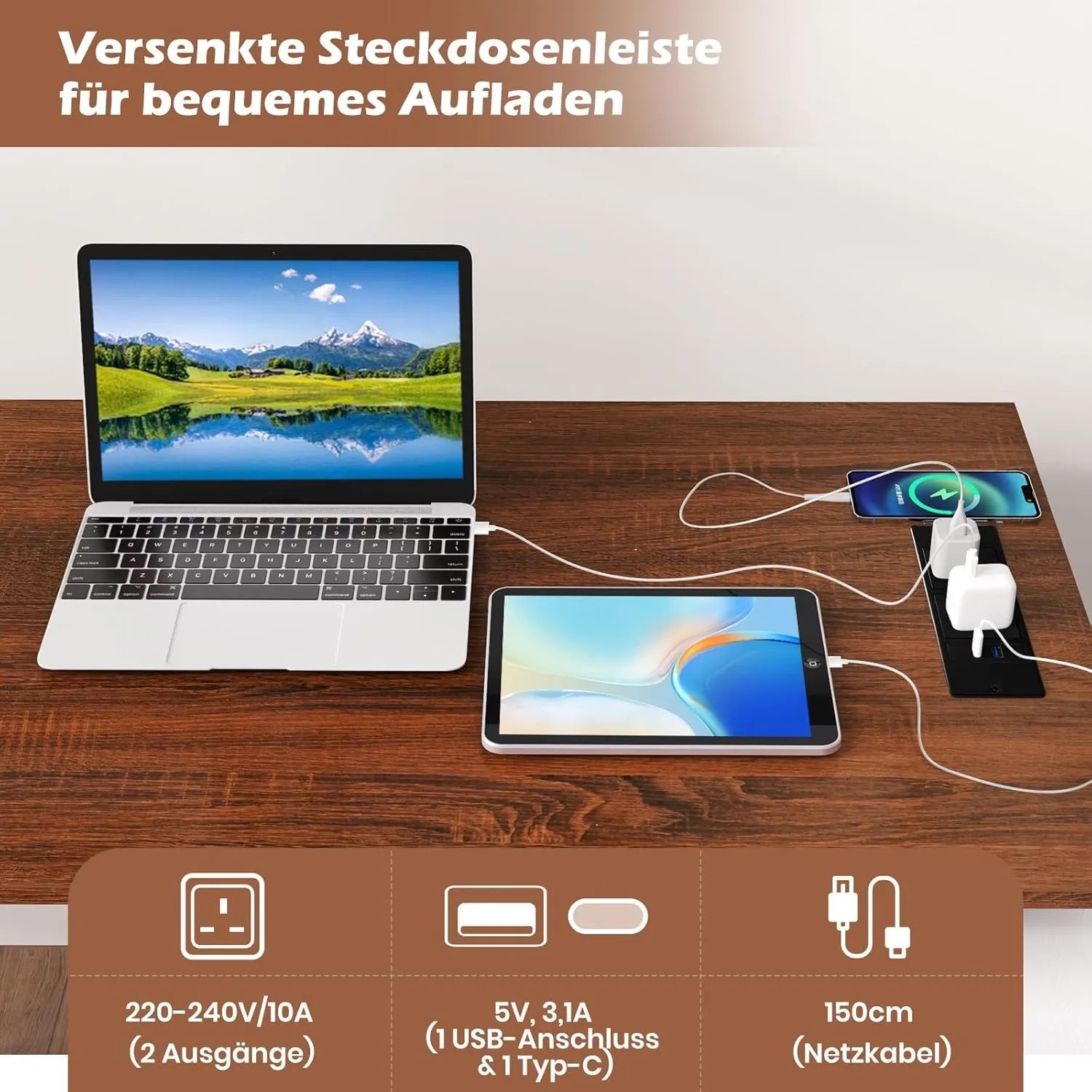 Costway L-förmiger Schreibtisch (braun) mit eingelassener Steckdosenleiste zum Aufladen von Laptop, Tablet und Smartphone.