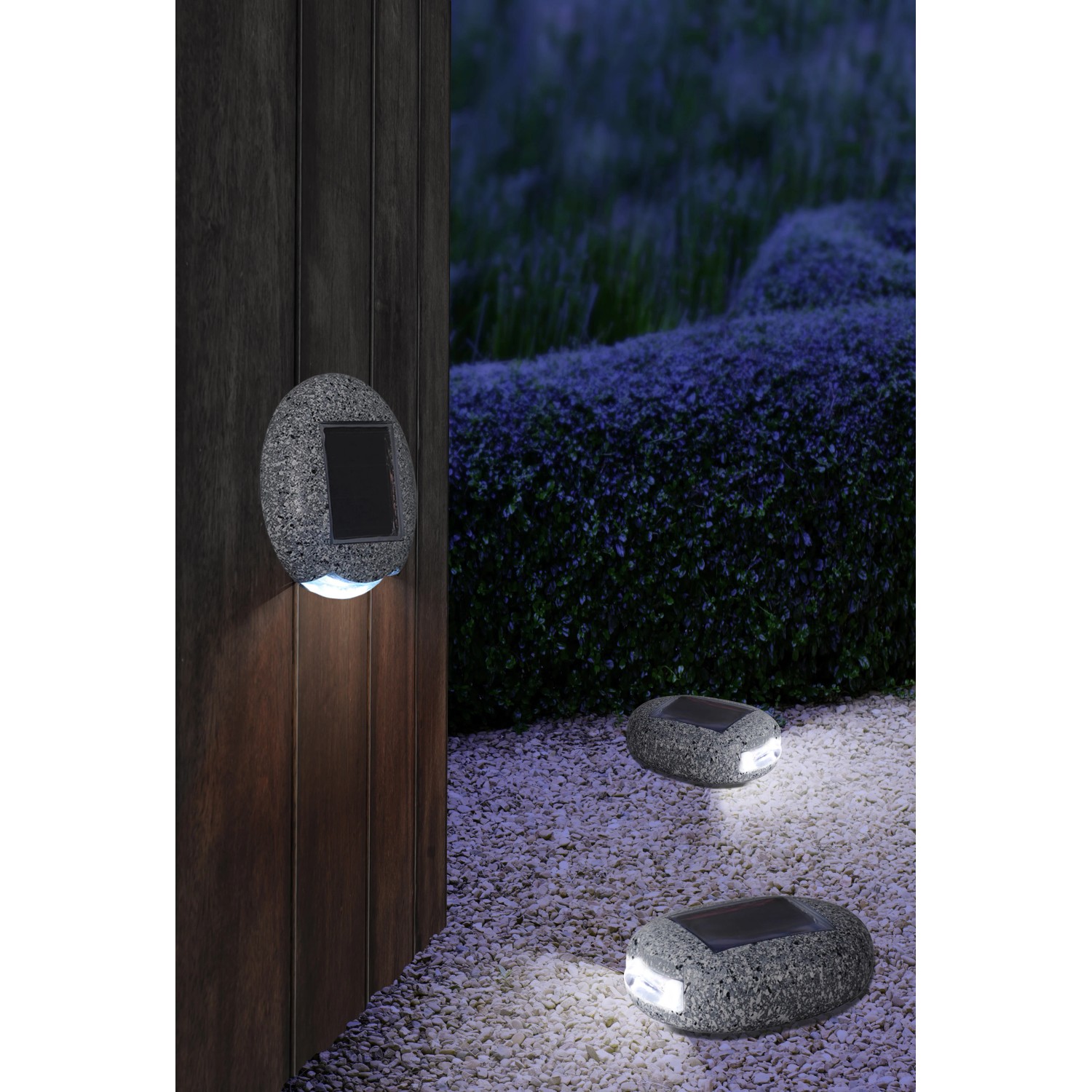 3er Set Globo LED-Solarleuchten in Steinoptik, grau. Dekorative Außenbeleuchtung aus Kunststoff.