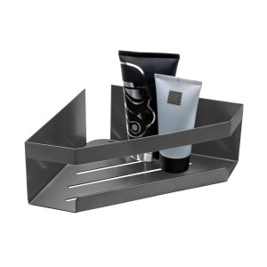 Schöner Wohnen Eckablage Meleto Gun-Metal Grey mit Duschgel und Shampoo.