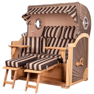 Strandkorb Königssee Teak, grau, mit Bullauge, Streifenmuster, Fußstützen und Bistrotischen. Komplettset.