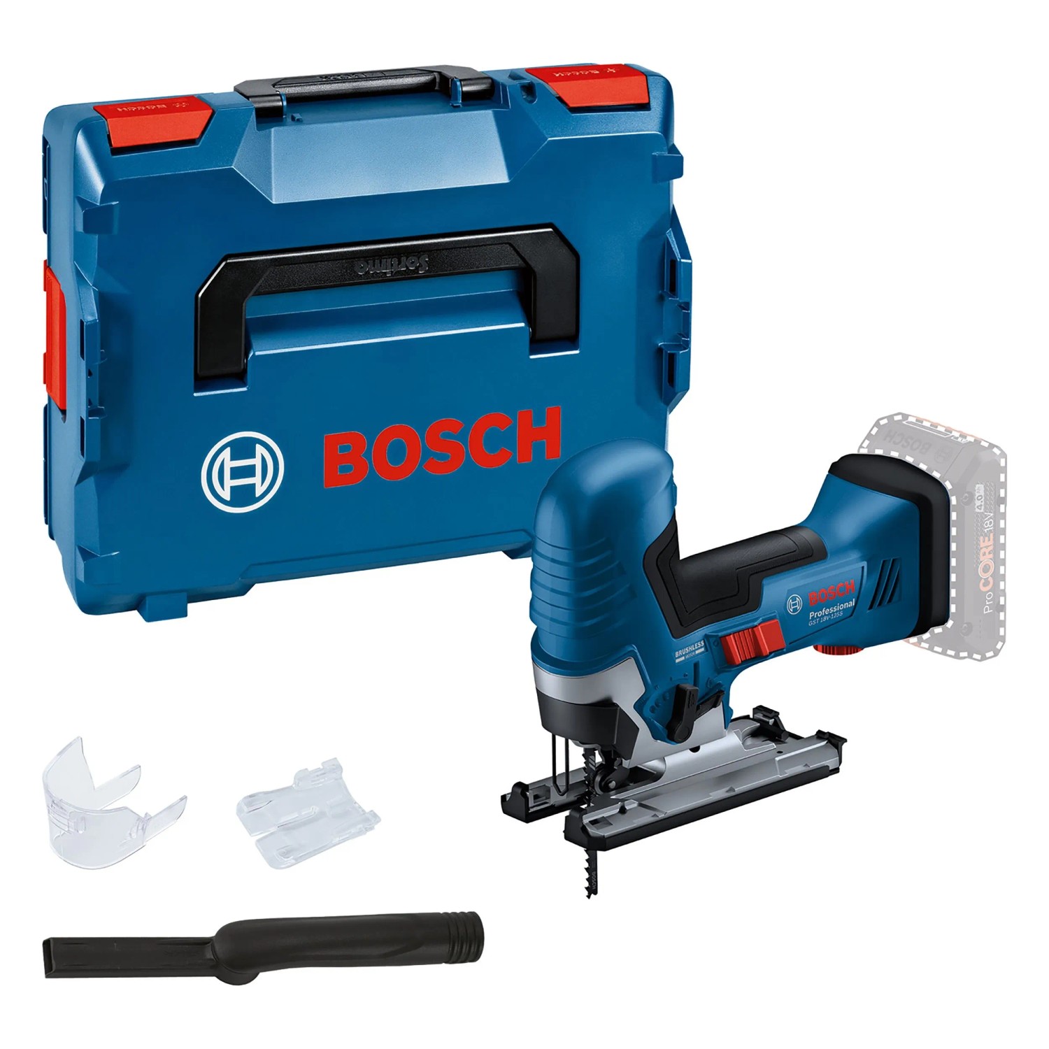 Bosch Professional Akku-Stichsäge GST 18 V-125 S, blau, mit L-Boxx und Zubehör.