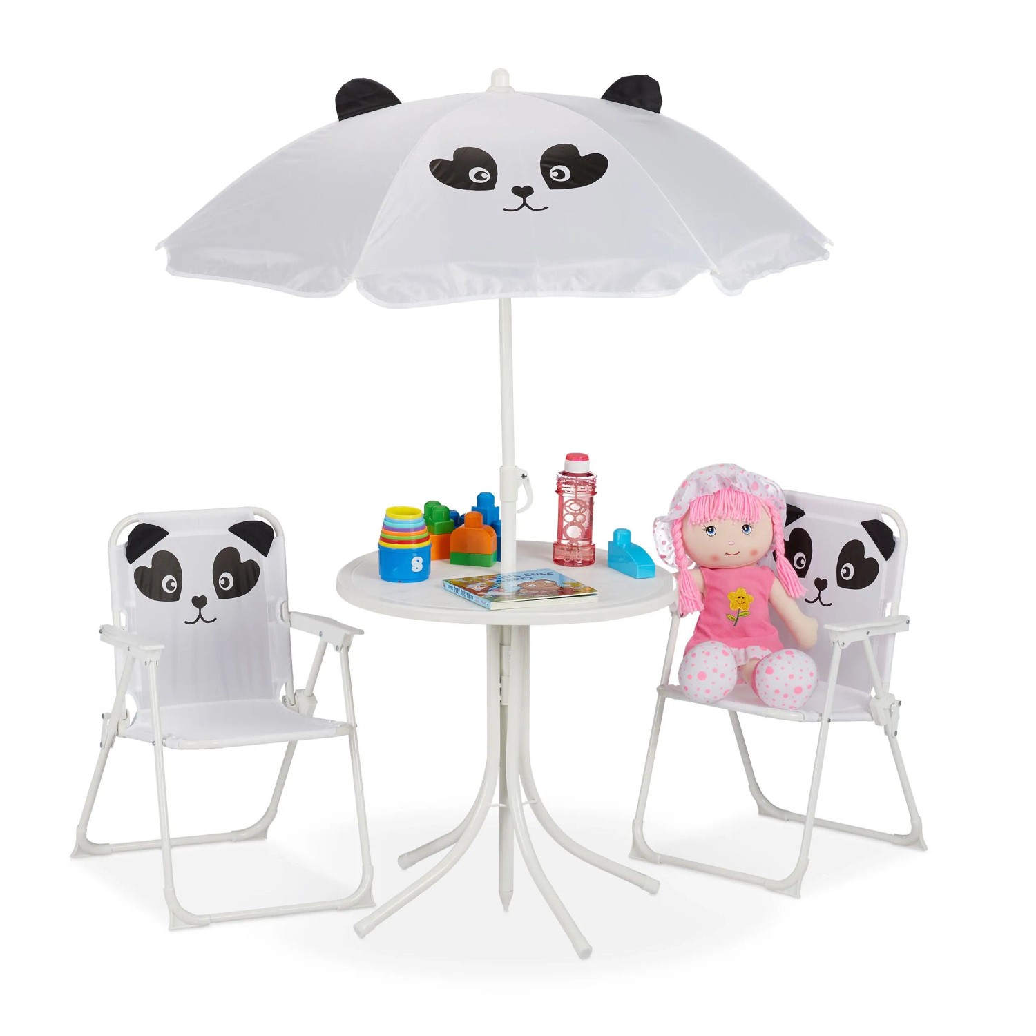 Relaxdays Kindersitzgruppe Eisen Kunststoff Polyester mit Schirm Panda 53 cm x 36 cm x 37,5 cm