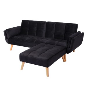 Schwarzes MCW Schlafsofa K18 aus Samt mit Ottomane und Kissen.