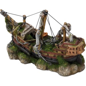 Detailreiche Dreimaster-Dekofigur (30 cm) für Aquarien. Schiffsmodell mit Bewuchs.