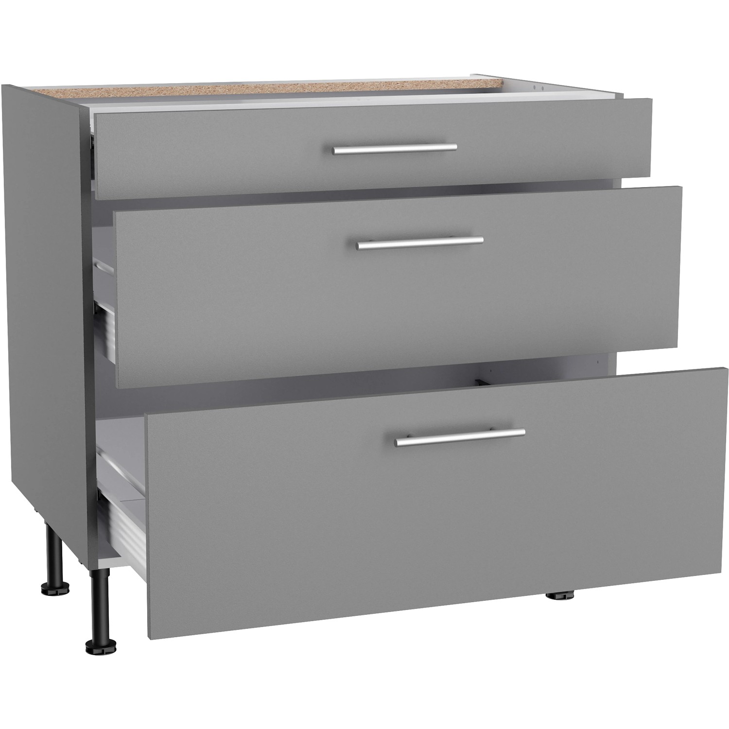 Optifit Unterschrank Mats825, 90cm, Basaltgrau mit 3 Auszügen und Edelstahlgriffen.