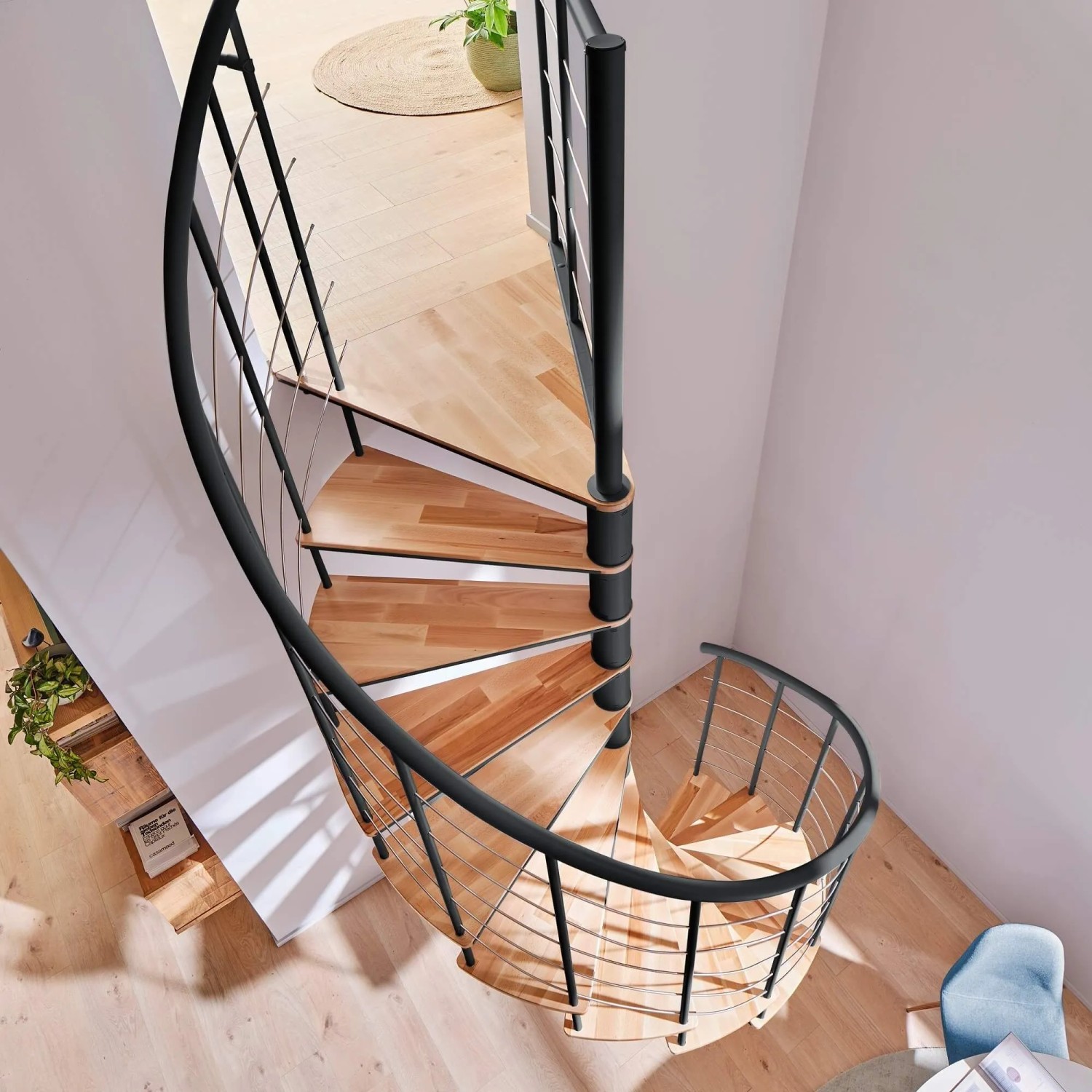 Treppen Intercon Wendeltreppe Select 120 cm Durchmesser 14 Stufen Metallfarbe Lava-Anthrazit Stufendesign Buche Natur