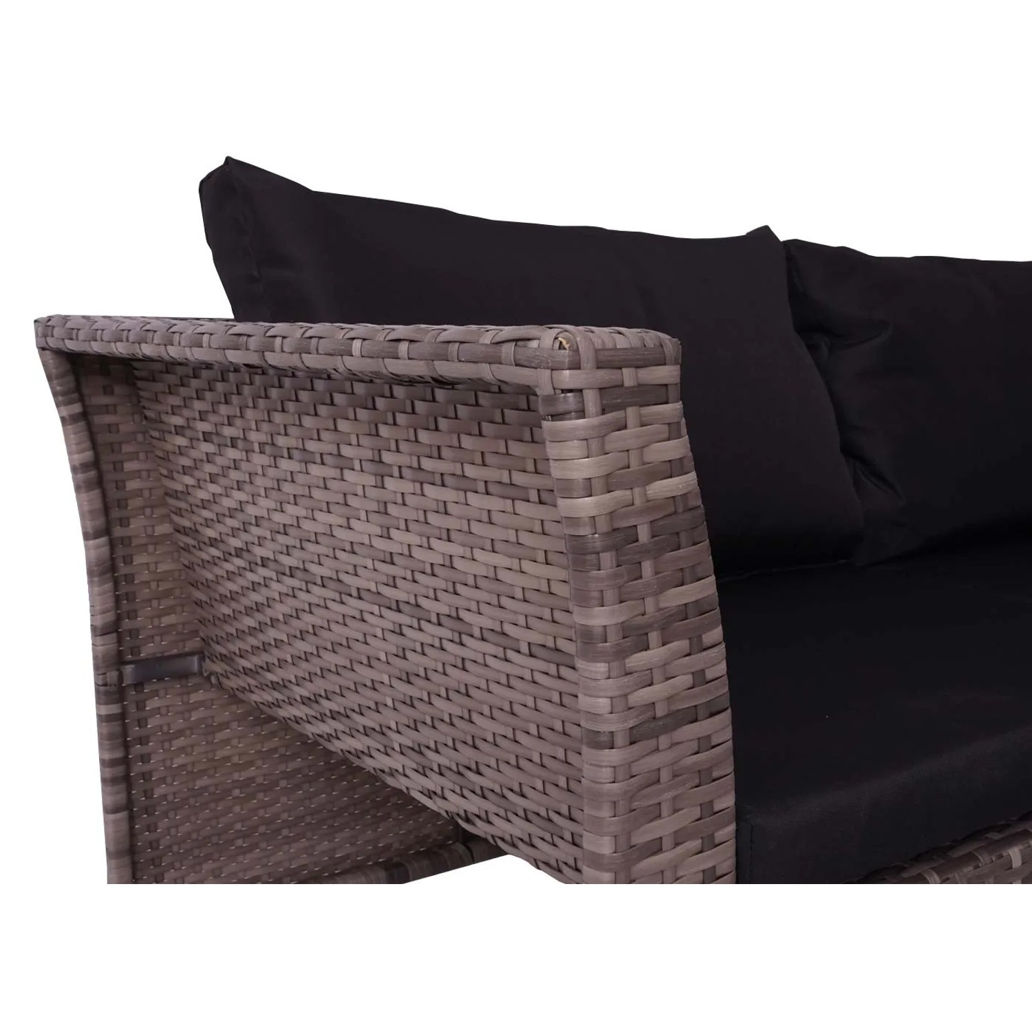 Detailaufnahme: Graue Poly-Rattan Lounge-Garnitur mit schwarzen Kissen.