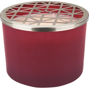 Bordeauxrote Duftkerze Midnight Mystery mit silbernem Metalldeckel und Mandelduft.