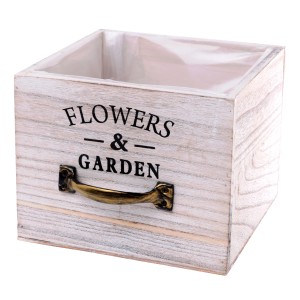 Grau-gewischtes Holz Pflanzgefäß (24x24x17cm) mit Griff und Aufschrift "Flowers & Garden".