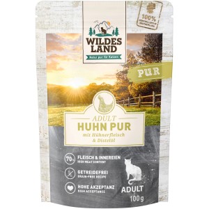 Wildes Land Katzen-Nassfutter Huhn Pur, 100g Packung für ausgewachsene Katzen.