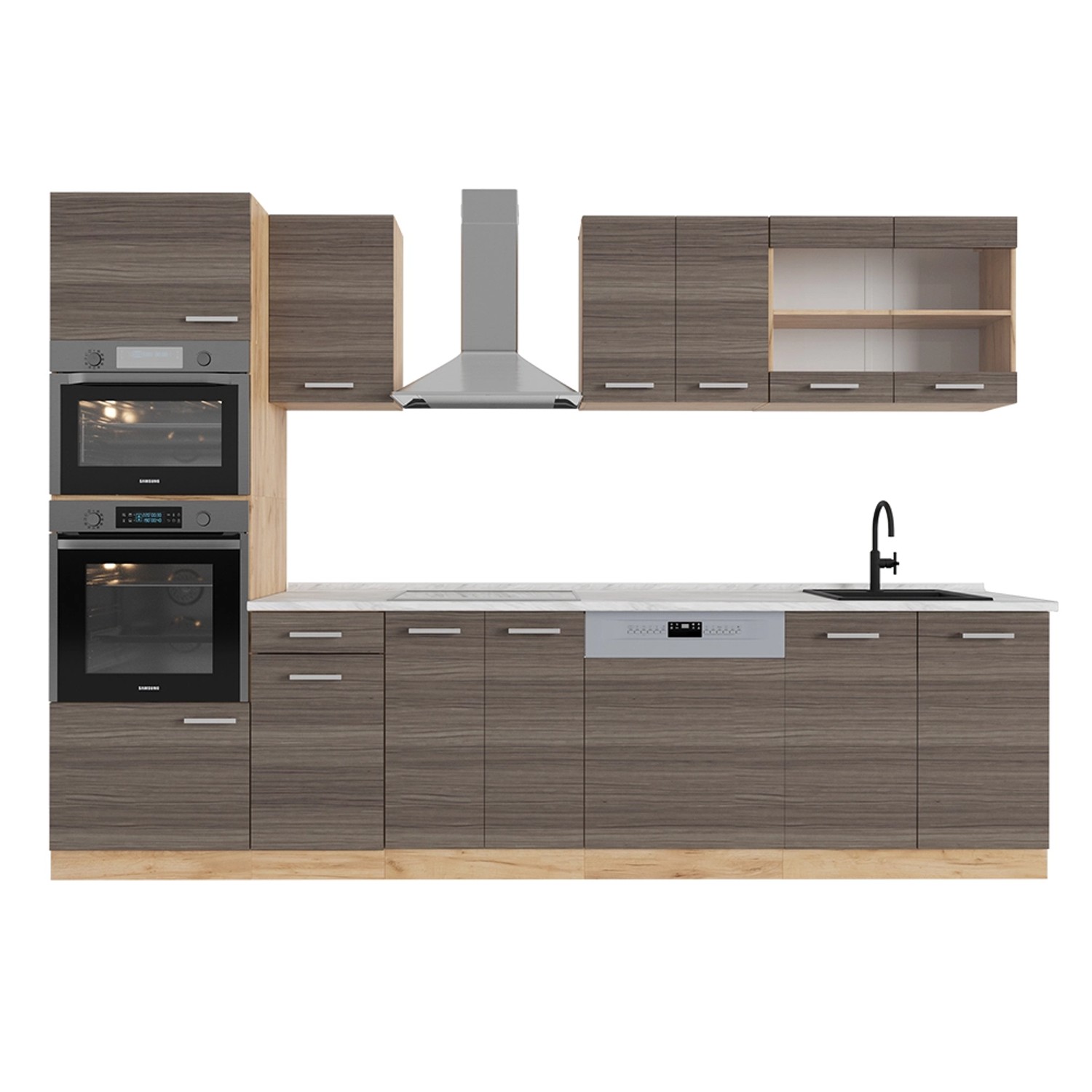 Vicco R-Line Küchenzeile Edelgrau/Goldkraft Eiche 300 cm mit HochschrankAP günstig online kaufen