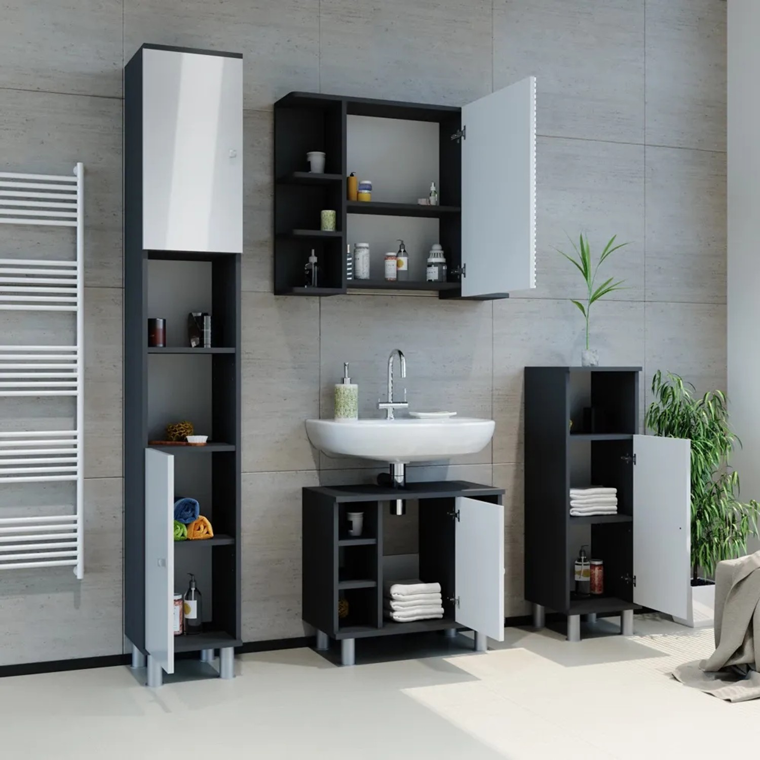 Vicco Badschrank Fynn, Anthrazit/Weiß Hochglanz, 30x190 cm, Badregal mit Stauraum im Badezimmer.