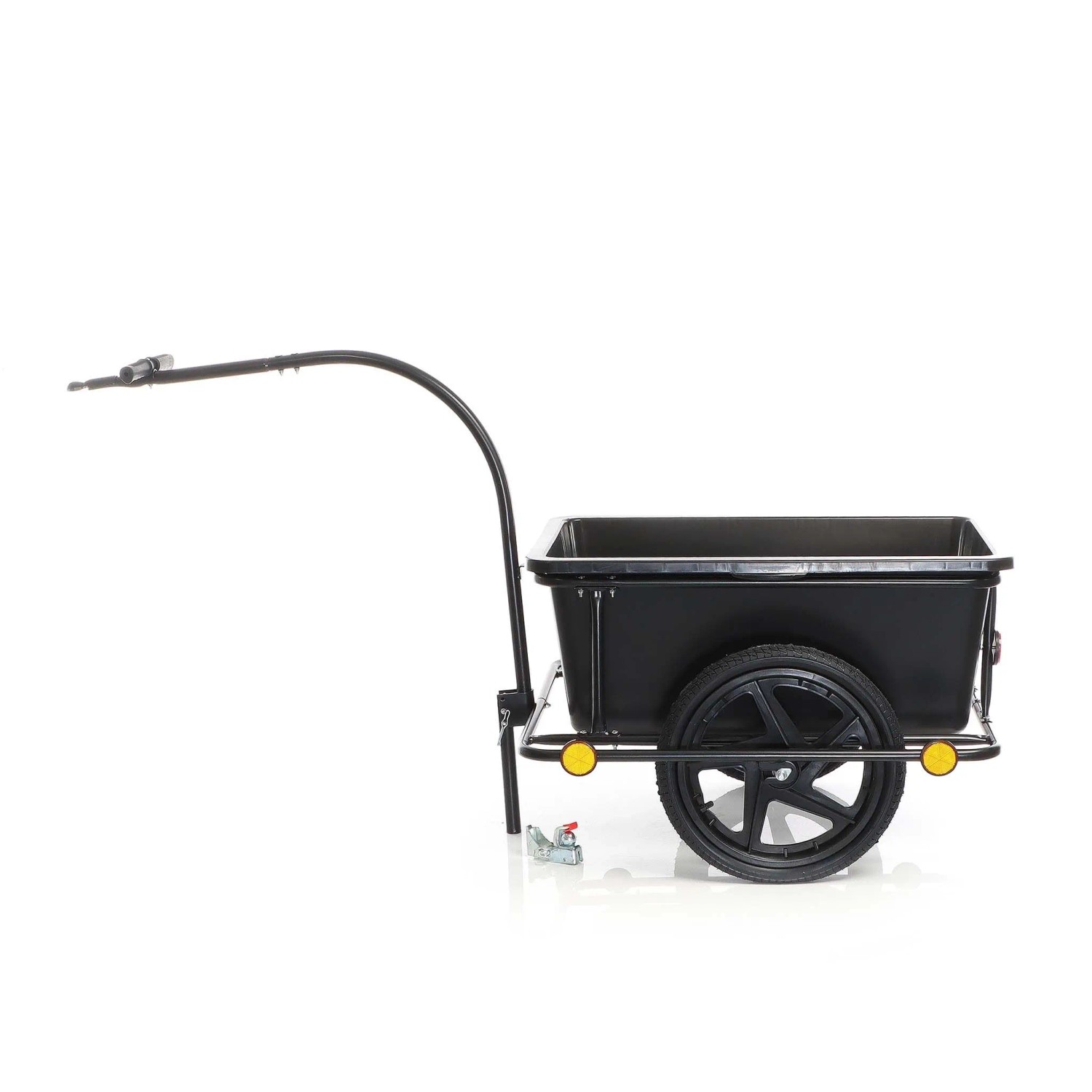 Schwarzer Wiltec Fahrrad Lastenanhänger mit Stahlrahmen, 90L Wanne, 16 Zoll Reifen und Deichsel. Ideal für Transport.