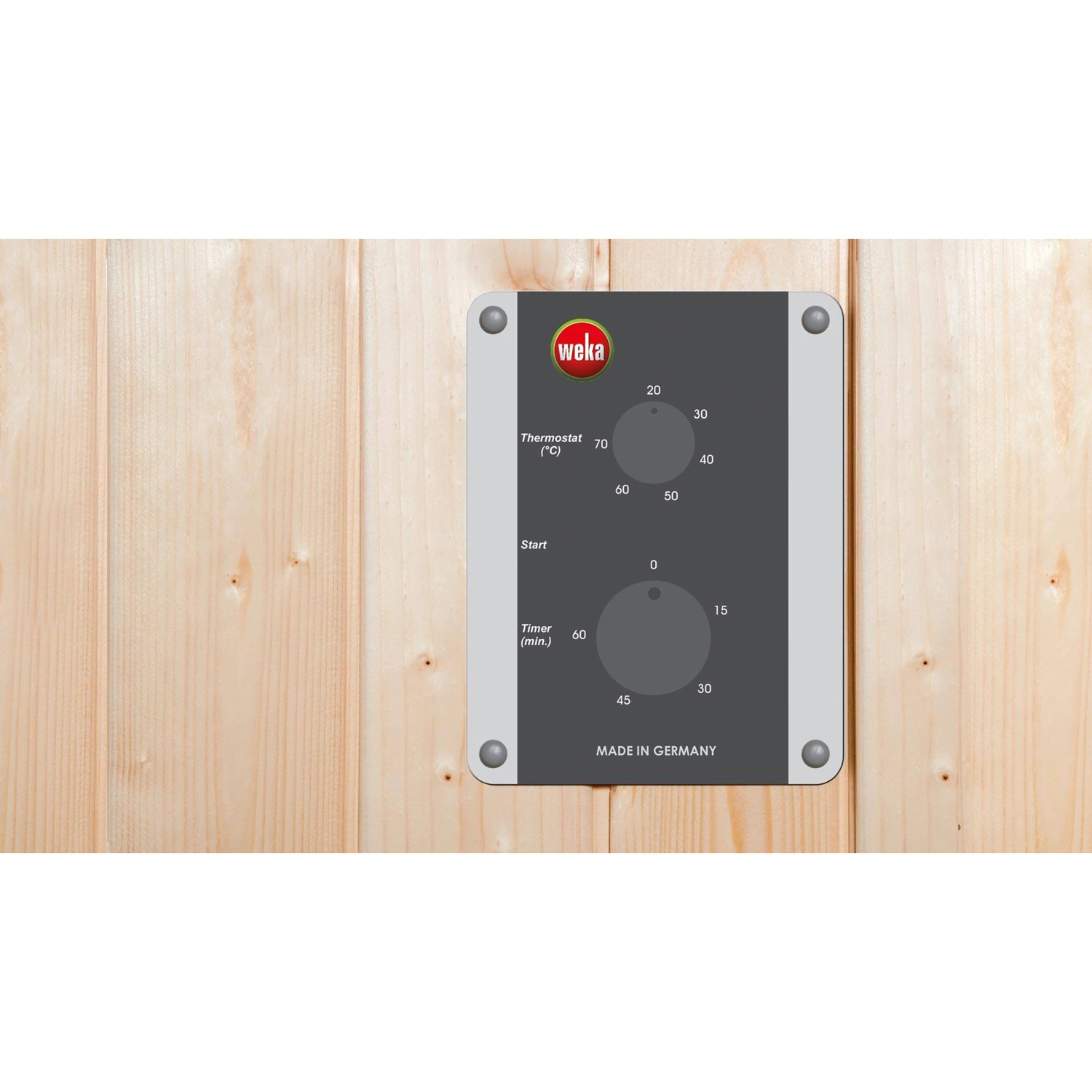 Detailaufnahme der Steuerung einer Weka Infrarotkabine Vaala 1 mit Temperatur- und Zeiteinstellung.