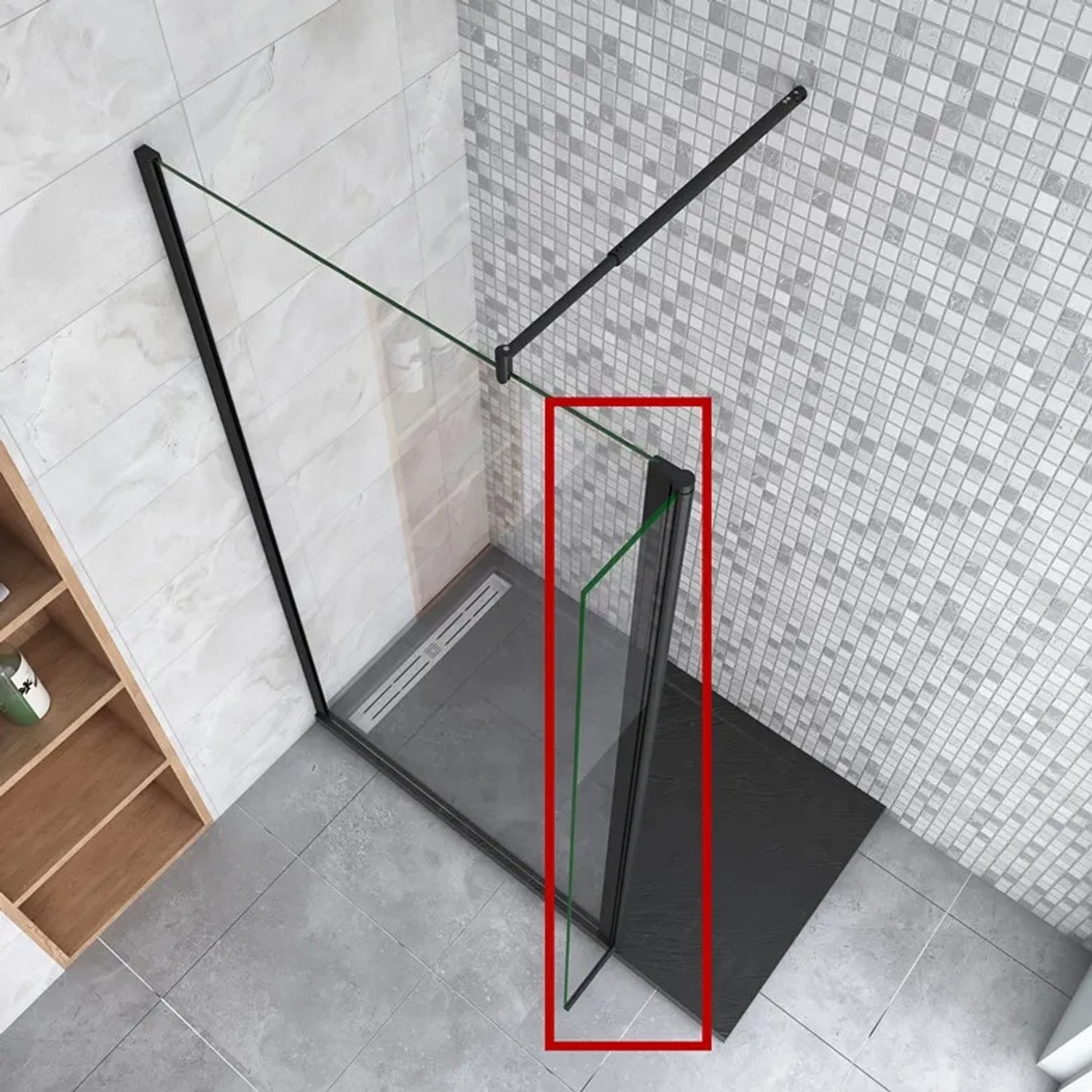 Duschparadies Glas Flipper 40x200cm für Walk-in Dusche mit schwarzem Wandprofil.