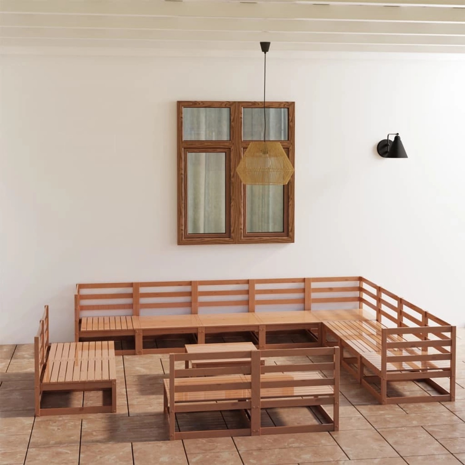 vidaXL Garten-Lounge-Set, 13-teilig, honigbraun, Kiefer Massivholz, bestehend aus Sofas, Sesseln und Tisch.