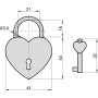 Technische Zeichnung: Silbernes Basi Liebesschloss in Herzform mit Schlüssel und Maßangaben.