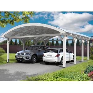 Weißes Skan Holz Doppelcarport „Franken“ mit gebogenem Dach und zwei geparkten Autos.