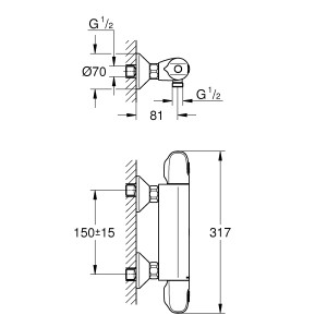 Technische Zeichnung der Grohe Grohtherm 1000 Thermostat-Brausebatterie in Chrom mit Maßangaben.