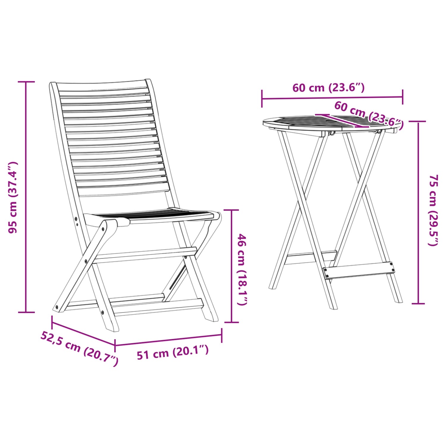 vidaXL Bistro-Set, 3-teilig, klappbar, Akazienholz. Gartentisch und Stühle mit Maßangaben.