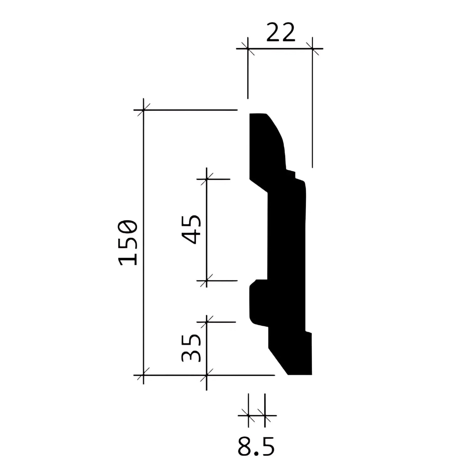 Technische Zeichnung einer weißen PROFHOME Sockelleiste (150x22 mm) im Neo-Klassizismus Stil.