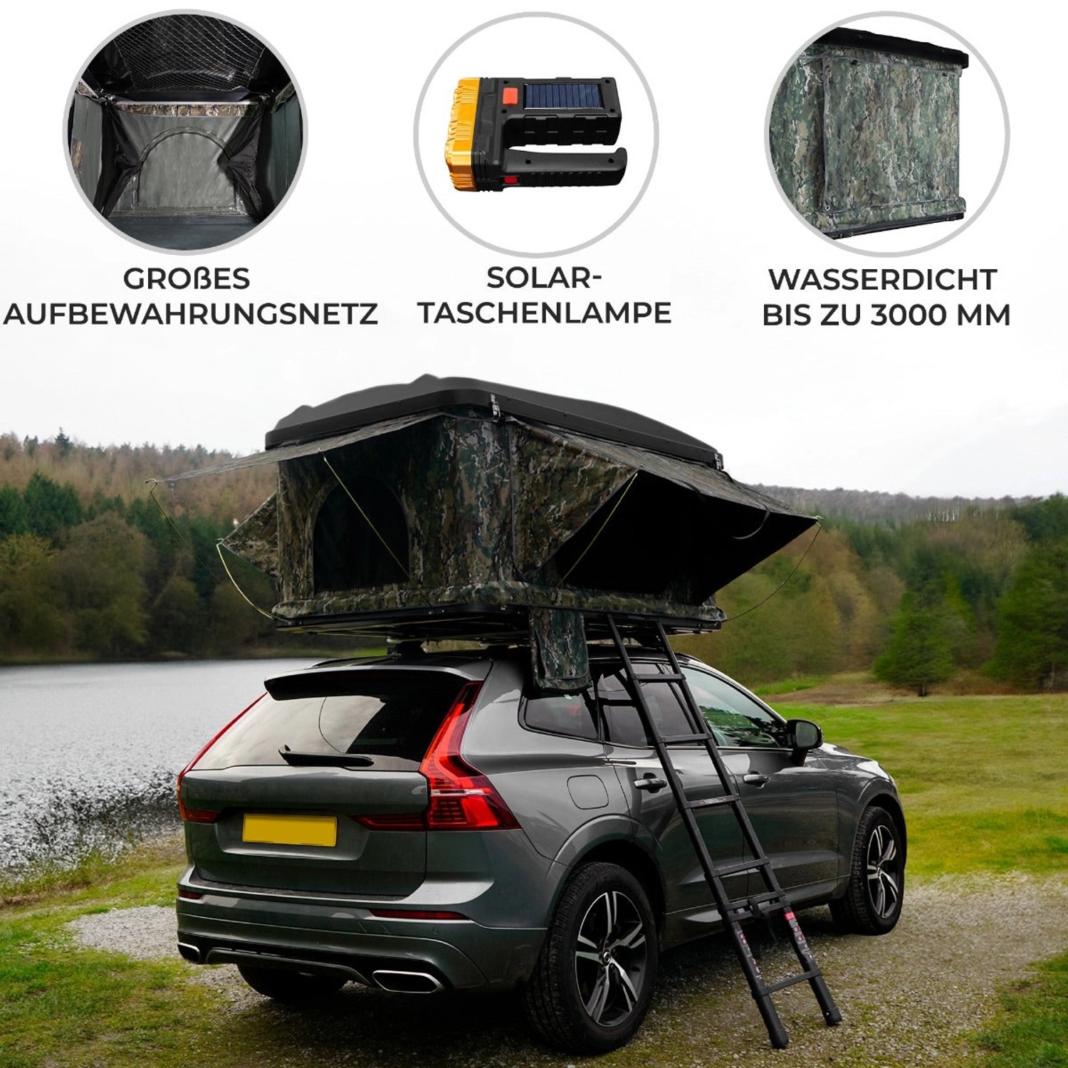 Monstershop Auto Dachzelt Camouflage auf grauem Auto mit Leiter in der Natur.