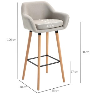2er-Set HOMCOM Barhocker, beige, mit Sitzkissen und Fußstütze. Holzbeine, atmungsaktives Obermaterial.