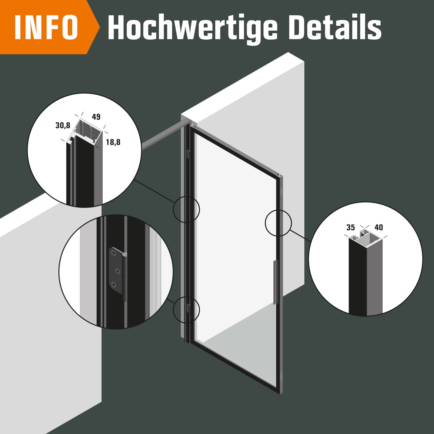 Detailansicht Loft+Mehr Drehtür-Set mit Blockzarge, DIN Rechts, 75x213 cm. Gezeigte Details: Zarge, Lappenbänder, Magnet.