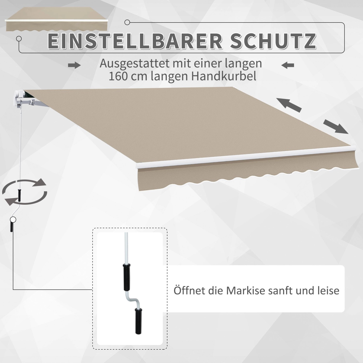Beige Outsunny Gelenkarmmarkise aus Polyester und Aluminium, mit Handkurbel.