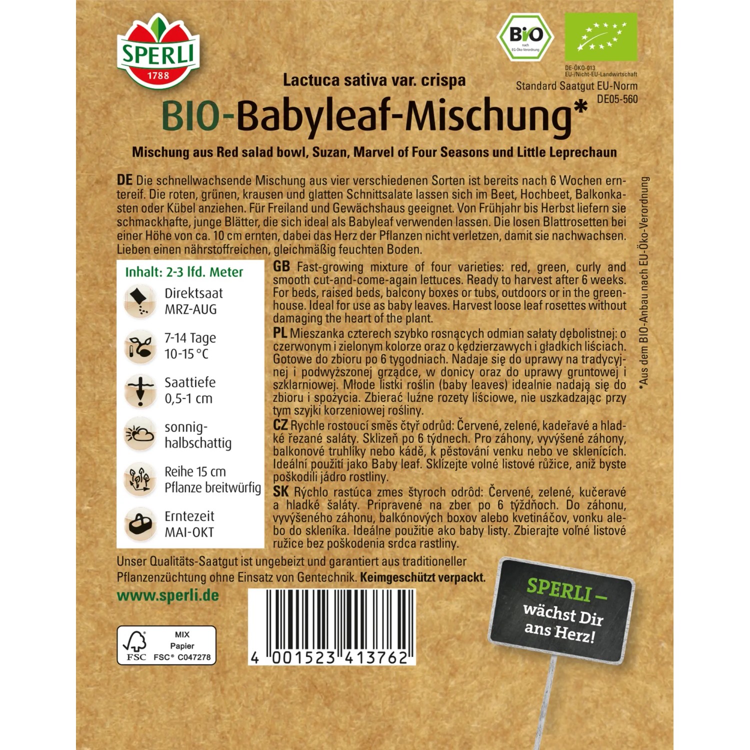 Sperli Bio Babyleafsalat Samen: Mischung aus roten, grünen, krausen und glatten Blättern.
