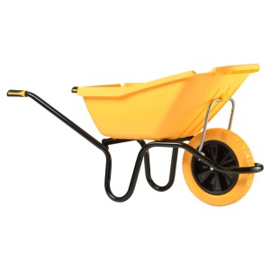 Gelbe Haemmerlin Schubkarre Pick Up mit 110 l Kunststoffmulde und PU-Rad.