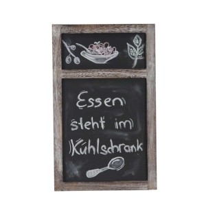 Dekorative braune MCW Werbetafel C51 aus Paulowniaholz im Shabby-Look mit zwei Kreideflächen für Notizen.