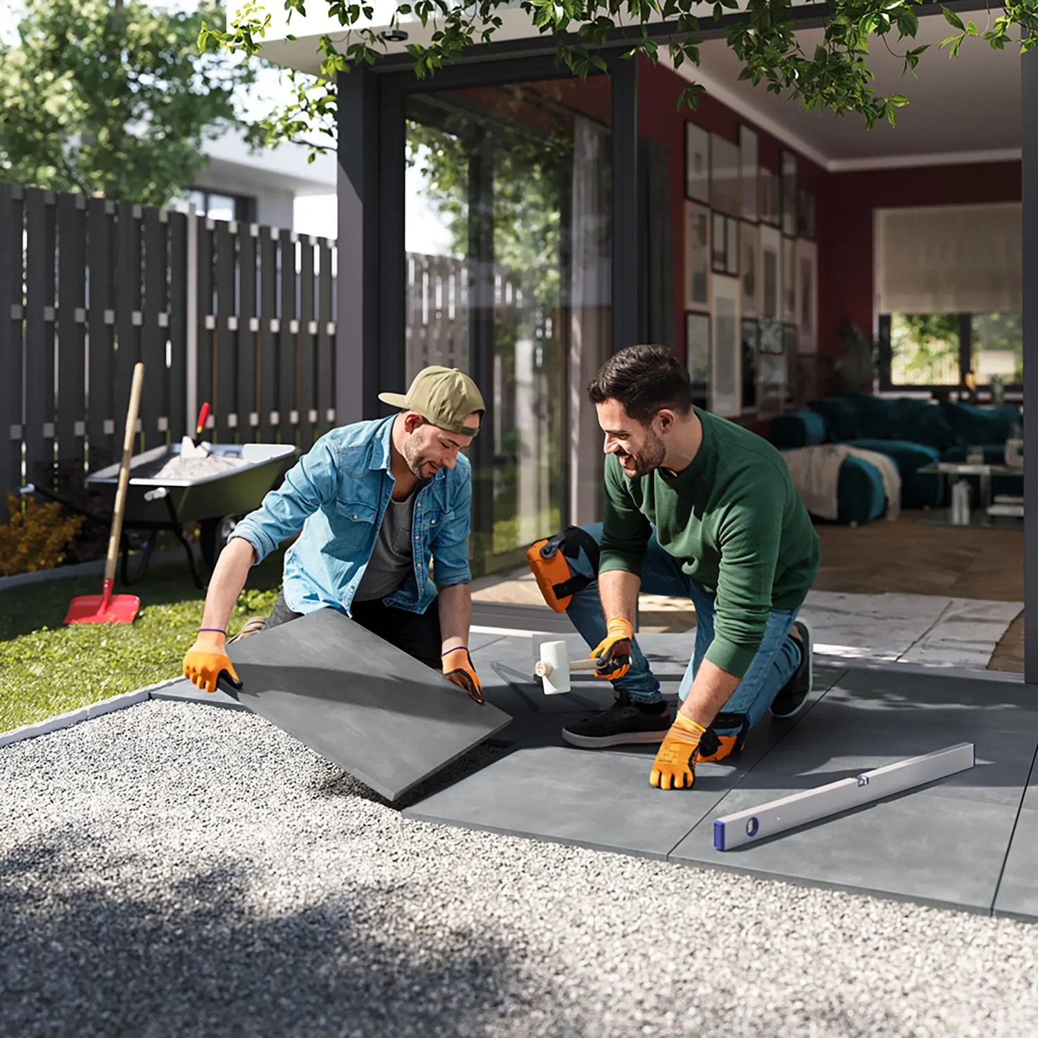 Verlegen von grauen Feinsteinzeug Terrassenplatten Streetline Graphit (60x60) im Garten.