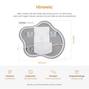 Detailansicht der Rückseite des asymmetrischen Emke LED-Badspiegels (60x50 cm) mit Maßangaben.