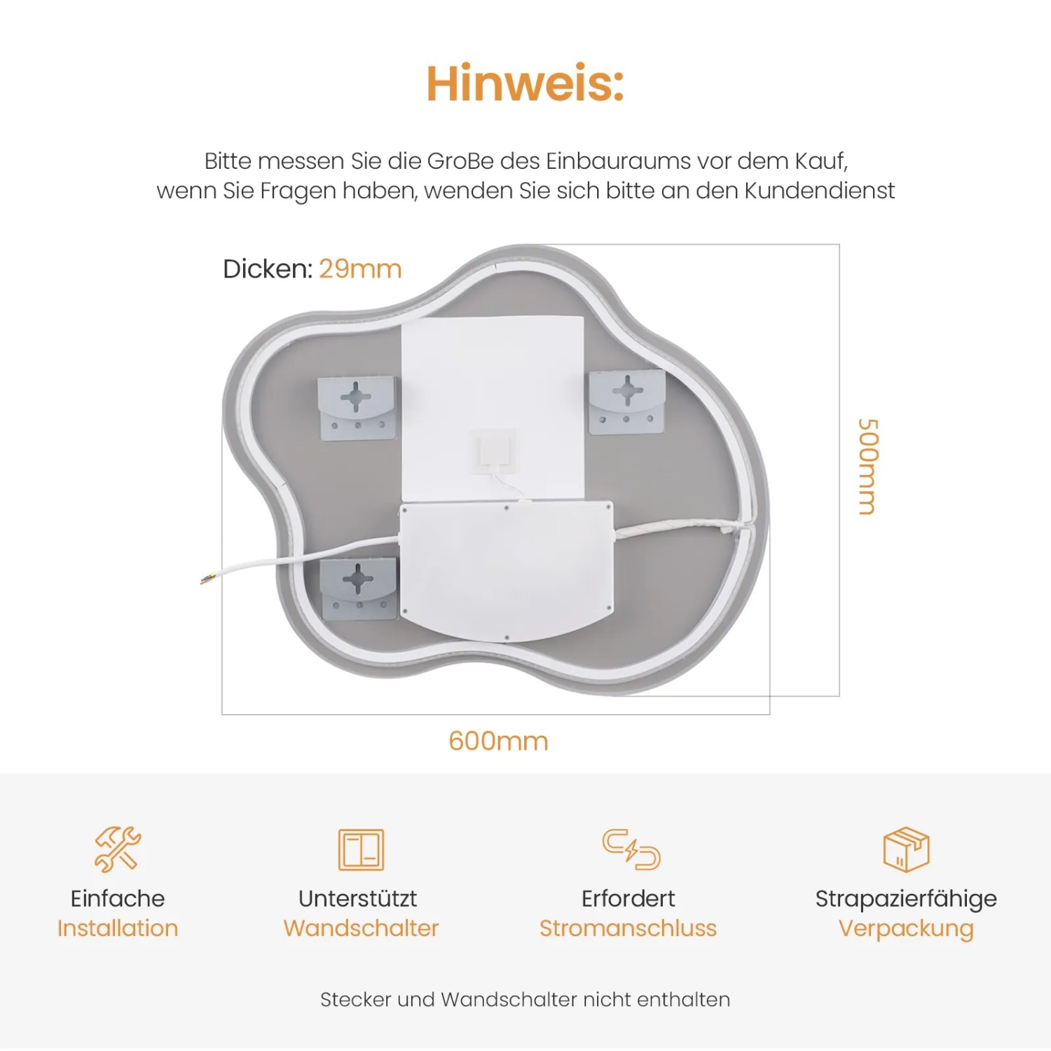 Detailansicht der Rückseite des asymmetrischen Emke LED-Badspiegels (60x50 cm) mit Maßangaben.