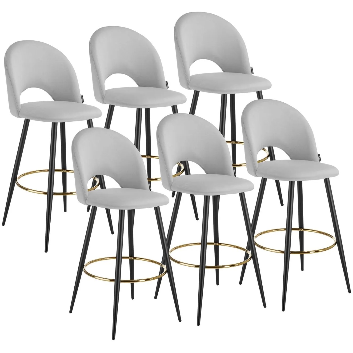Tectake Barstuhl Sachel In Samtoptik  Gepolstert Mit Rückenlehne und Fußstütze 6Er Set 58 x 49 x 110 cm Hellgrau Schwarz