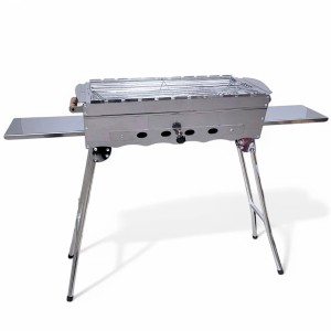 Edelstahl Schaschlik Grill „Grillpeter Mangal Khan“ mit Grillrost und Ablagen, klappbare Füße.