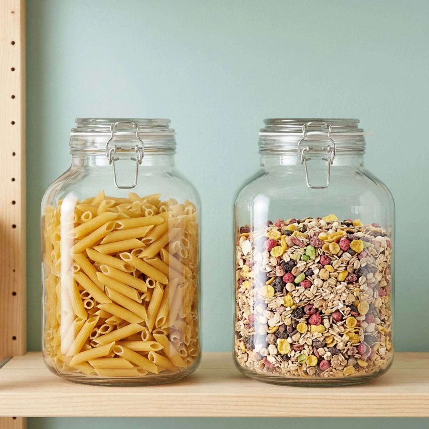 Zwei transparente Einmachgläser mit Bügelverschluss, gefüllt mit Nudeln und Müsli, auf Holzregal. Ideal für Küchenaufbewahrung.