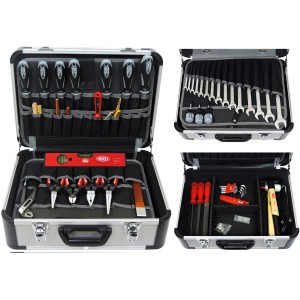 Geöffneter Famex Werkzeugkoffer 420-88 mit Werkzeugsortiment, Aluminiumgehäuse.
