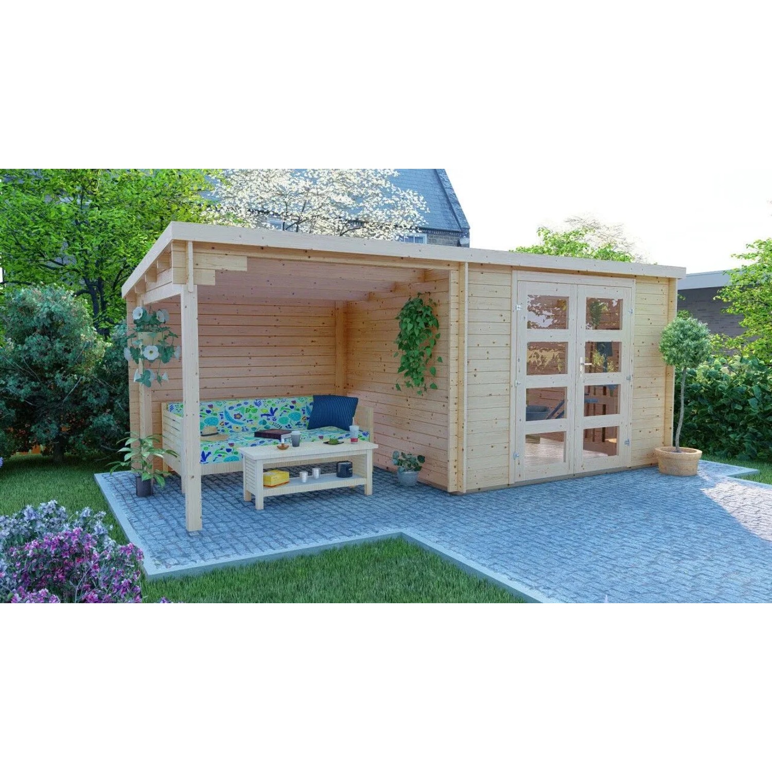 Finn Art Blockhaus 28mm Flachdach Holz-Gartenhaus 3x2,4m Funny 3 mit Seitendach ohne Fußboden
