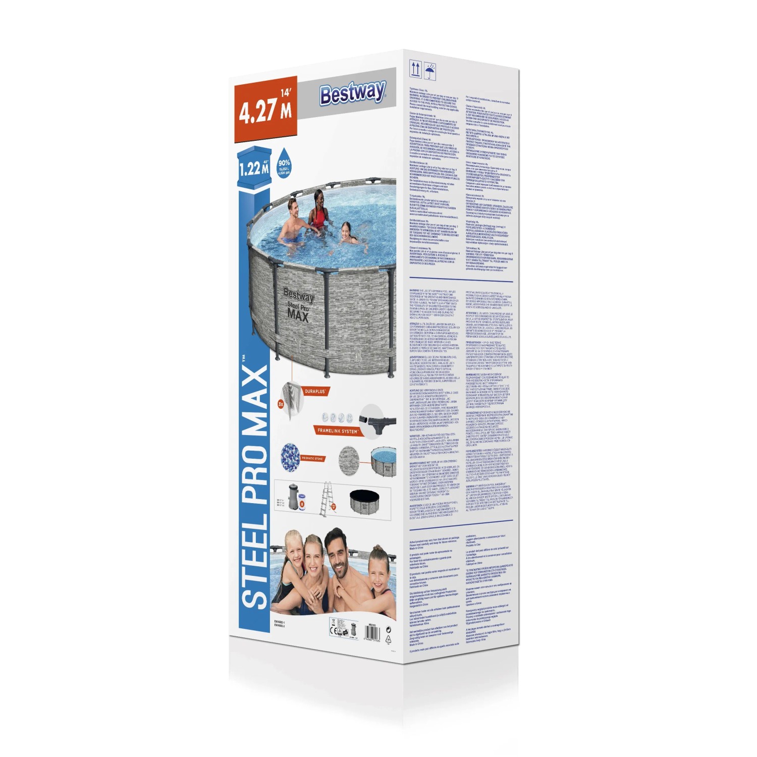Verpackung des runden Bestway Stahlrahmen-Pool Sets Steel Pro Max, Ø 427 x 122 cm, grau, mit Zubehör.