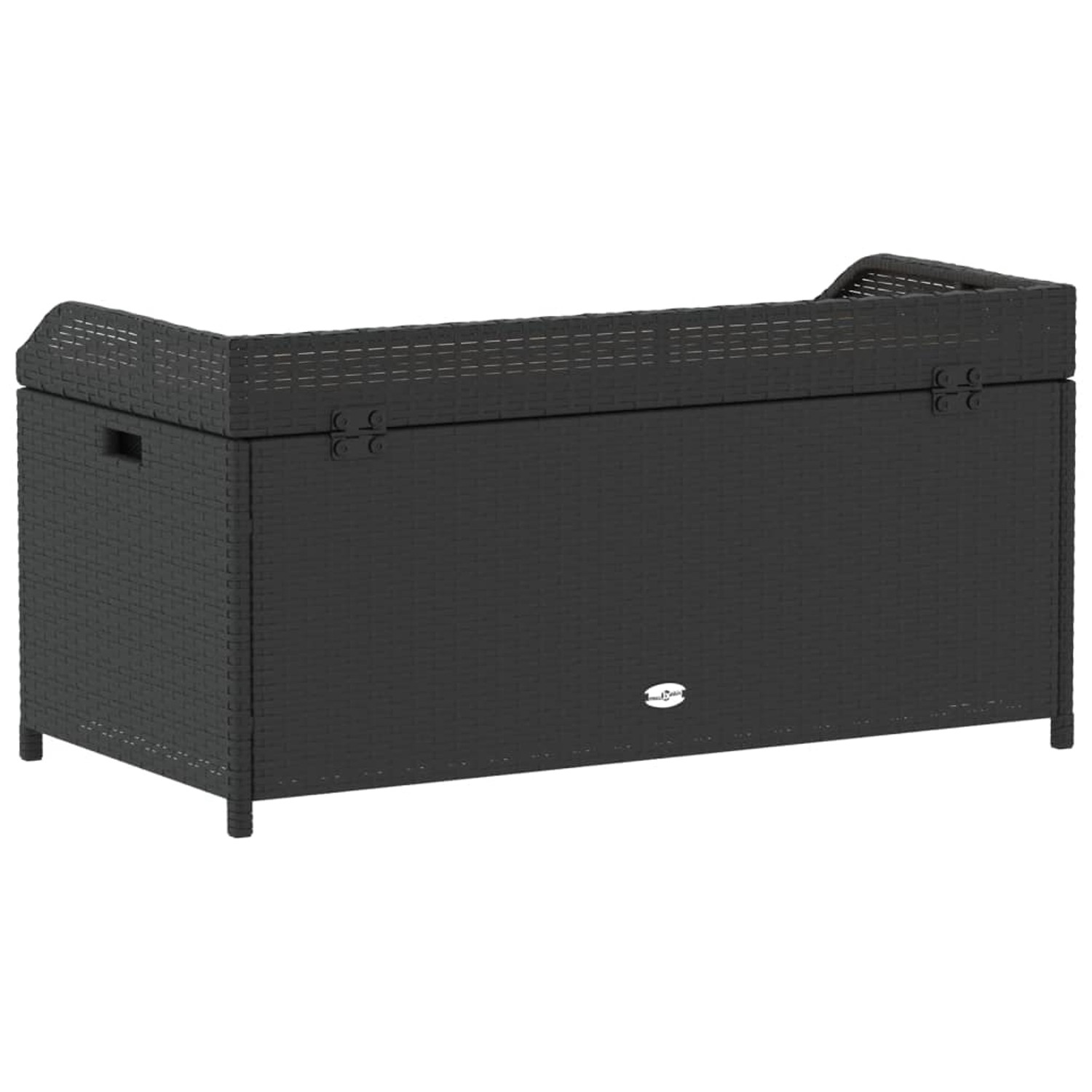 Schwarze vidaXL Bank mit Stauraum aus Poly Rattan und Akazienholz, 100x50x52 cm.