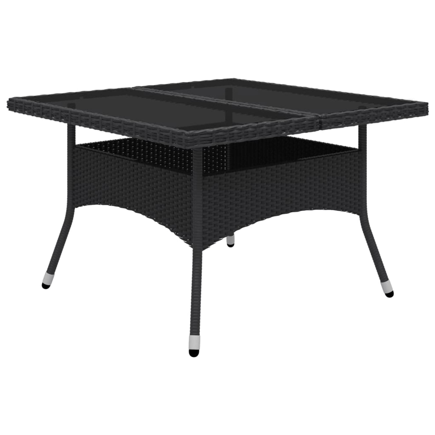 Schwarzer vidaXL Garten-Esstisch aus Rattan mit Glasplatte, Teil der 9-tlg. Gartenmöbel Essgruppe.