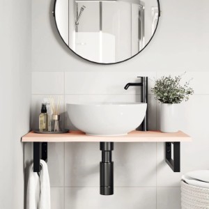 vidaXL Waschtischplatte mit Eiche Massivholz, schwarze Stahlhalterung, Aufsatzwaschbecken im Badezimmer.